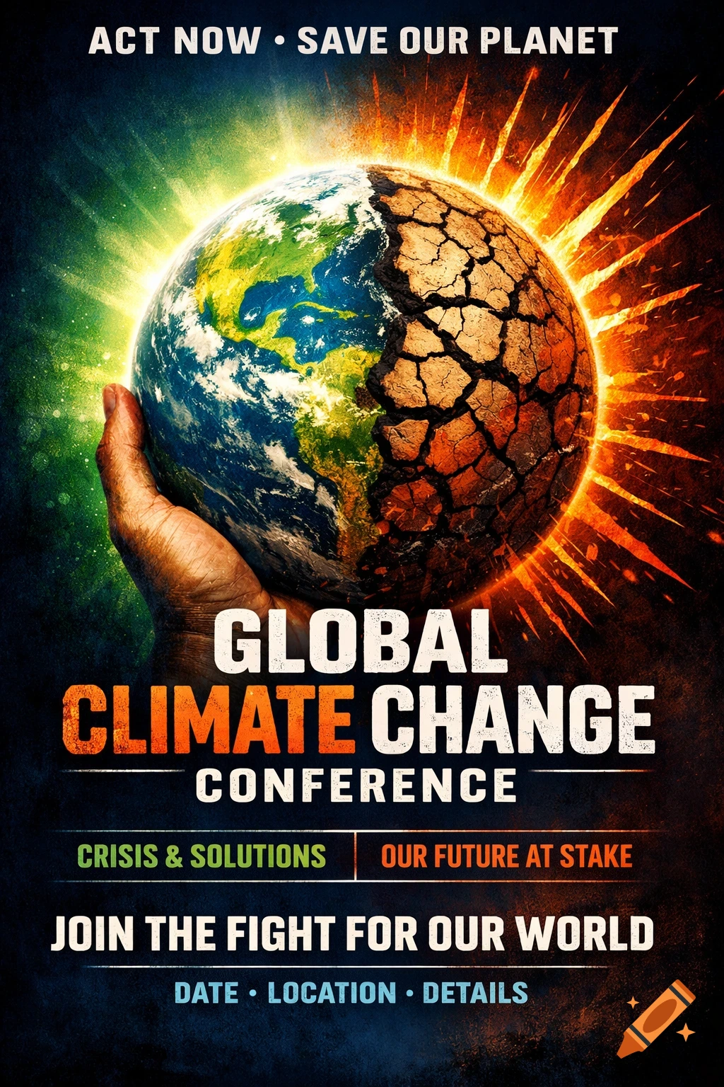 A dramatic poster depicting a hand holding a split Earth, one half vibrant and green, the other cracked and fiery, with text about global climate change.