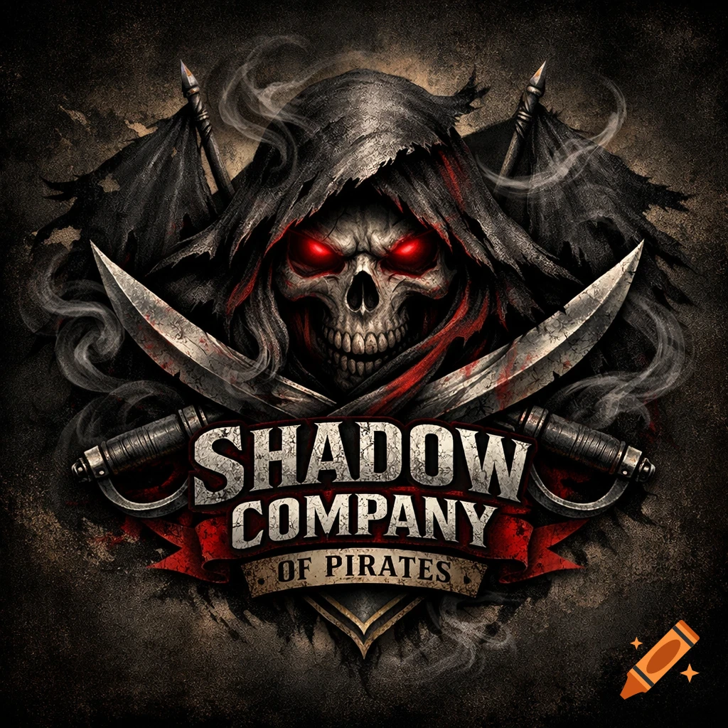 Dark, epic logo: a menacing red-eyed skull in a cloak, crossed swords, and 'SHADOW COMPANY OF PIRATES' text.