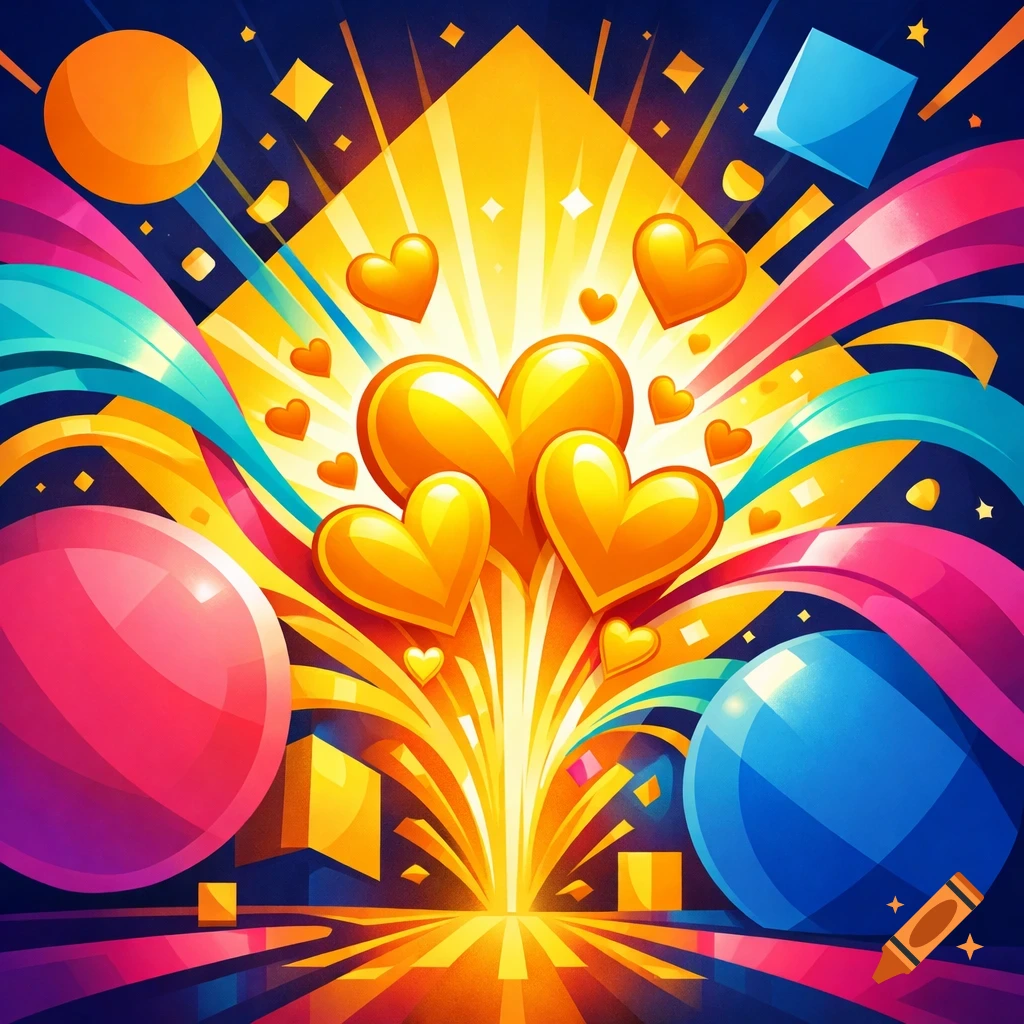 Vibrant abstract graphic with yellow hearts bursting from light, surrounded by colorful ribbons, balloons, and geometric shapes.