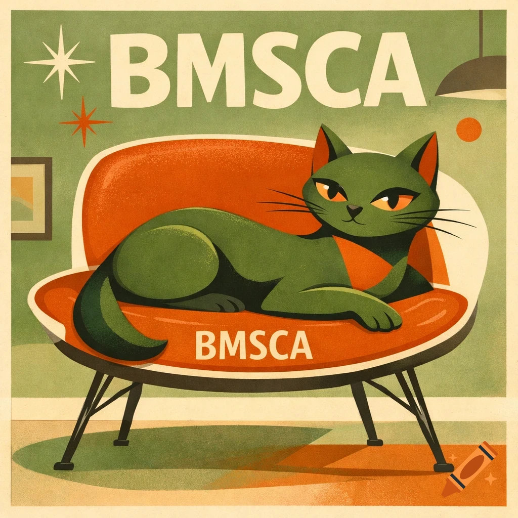 A green cat with orange eyes lies on an orange mid-century modern chair. The image is a stylized poster with text "BMSCA".