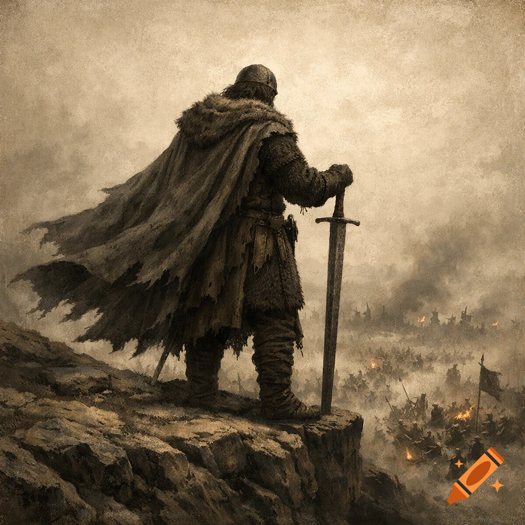 A sepia-toned illustration of a medieval warrior in a long cape standing on a cliff, leaning on a sword, overlooking a chaotic battlefield.