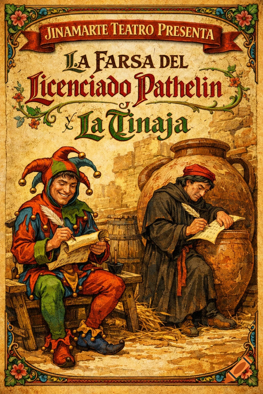 Vintage theatre poster featuring a jester and a robed scholar writing, with a large pot in the background.