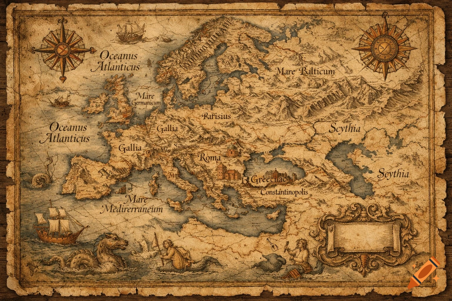 An antique-style map of Europe, with mythical sea creatures, sailing ships, and compass roses, on aged, textured paper.