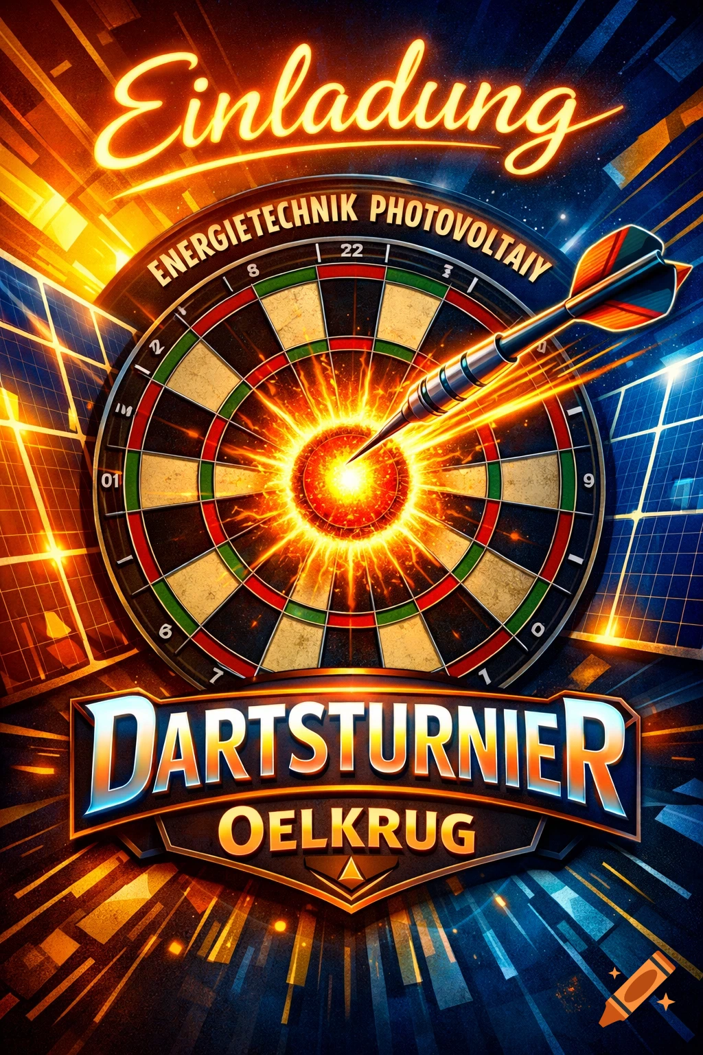 An energetic poster for a dart tournament, featuring a dart hitting a glowing bullseye, surrounded by solar panels and text.