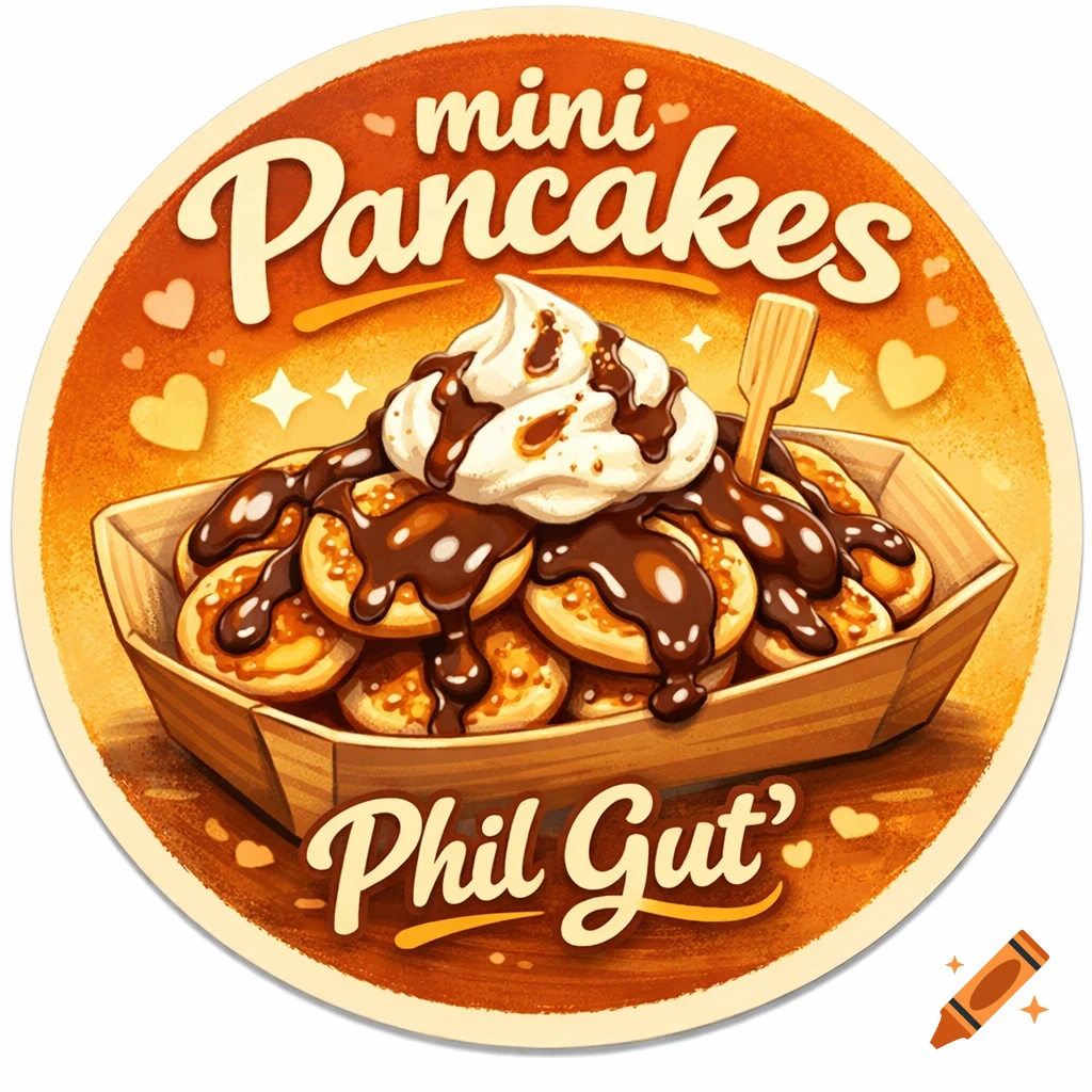 Round sticker with mini pancakes in a wooden tray, topped with whipped cream, chocolate sauce, and text 'mini Pancakes Phil Gut'.
