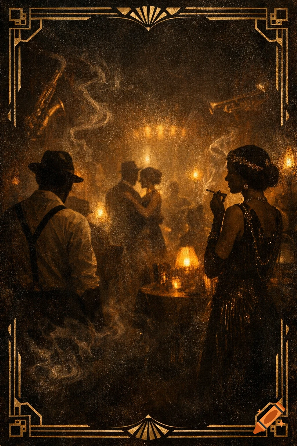 A dark 1920s speakeasy scene with silhouetted figures, a woman smoking, and a man in suspenders, framed by art deco borders.