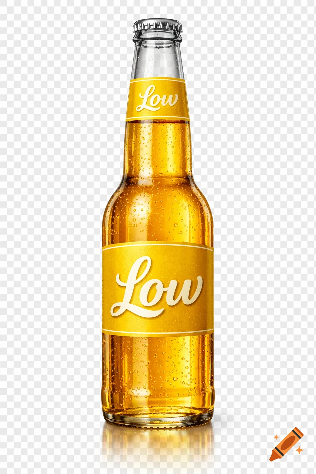 Photorealistic image of a clear beer bottle with golden liquid, yellow labels reading 'Low', and condensation, on a transparent background.