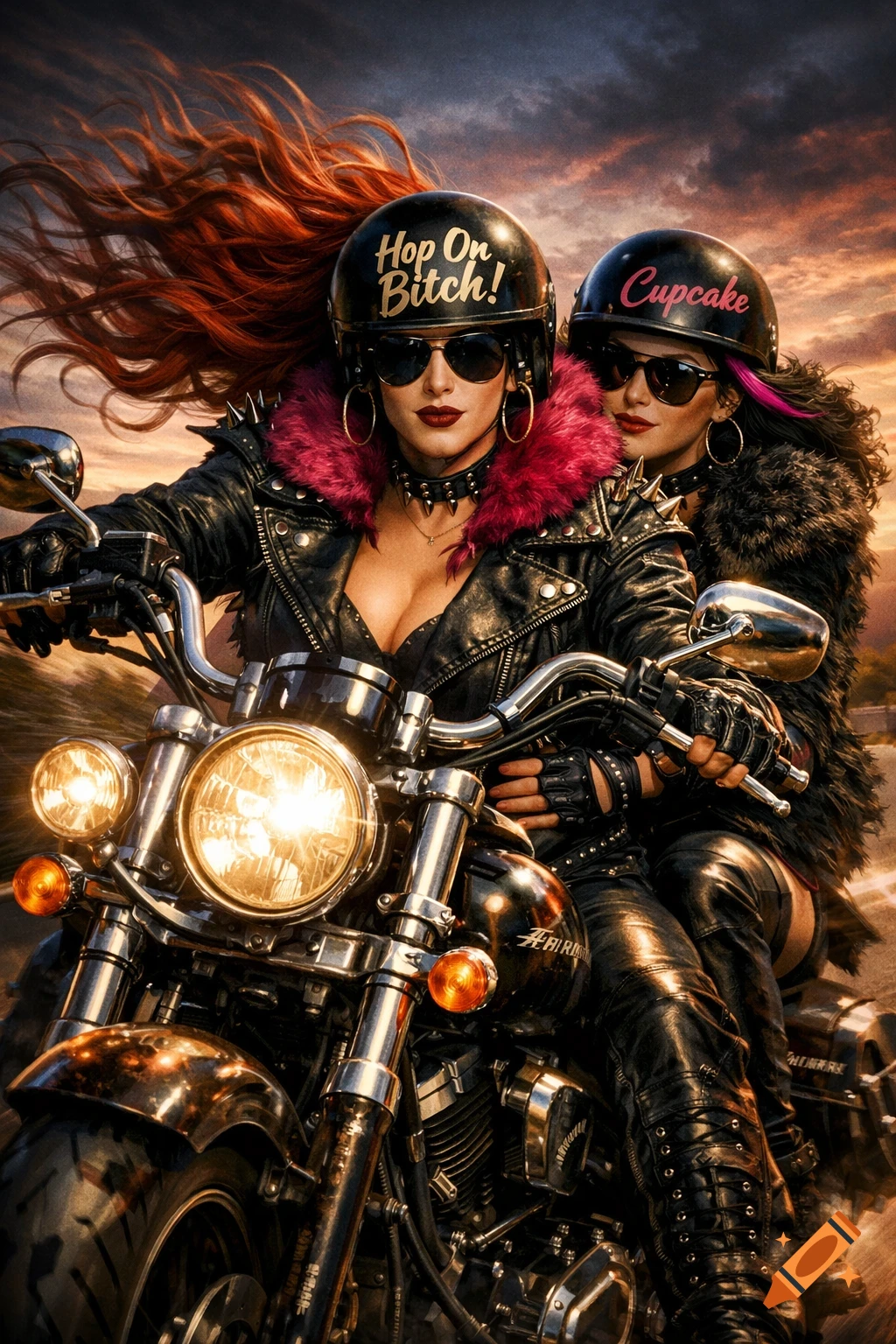 Two photorealistic biker women with long flowing hair, wearing leather jackets, sunglasses, and helmets, riding a motorcycle.