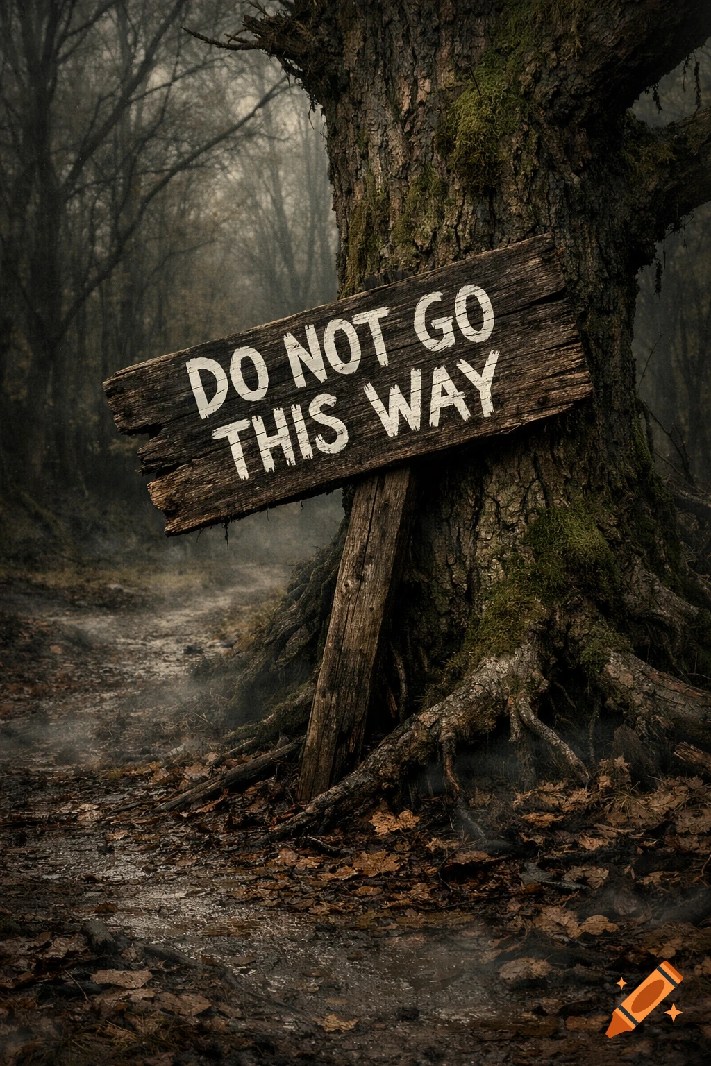 A weathered wooden sign saying "DO NOT GO THIS WAY" leaning against a mossy tree in a dark, misty forest with fallen leaves on the ground.