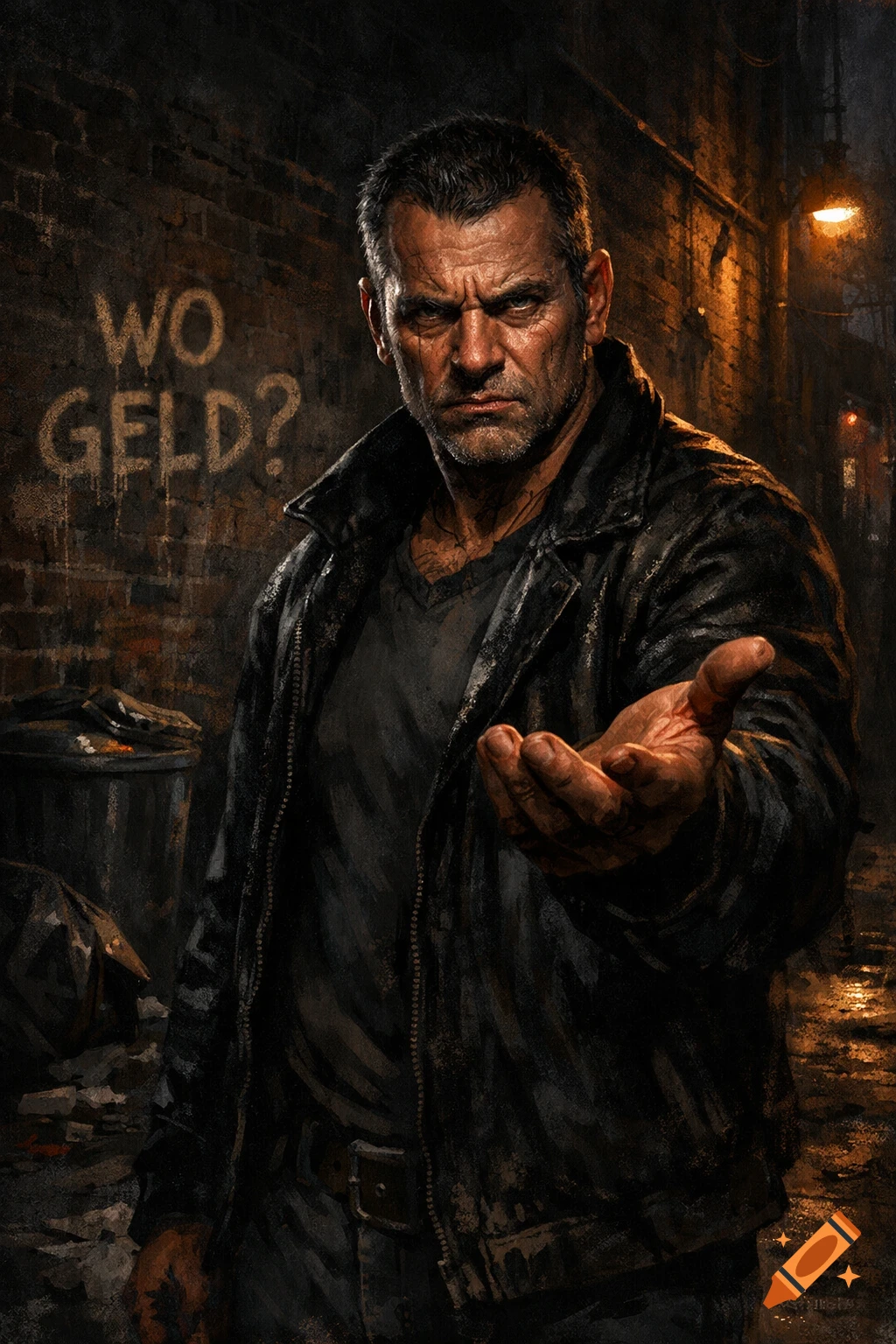 Gritty illustration of an intimidating man in a dark alley with 'WO GELD?' graffiti on the wall, holding out his hand.