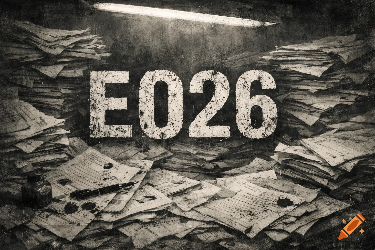 Grungy, monochrome image of massive piles of paperwork, an inkwell, pen, and large text 'E026' in the center.