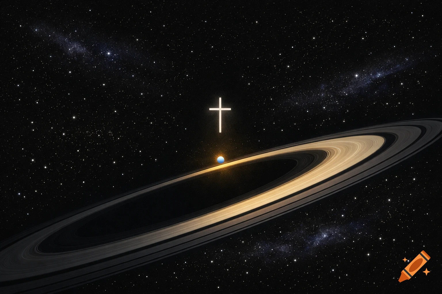 A glowing white cross above a small blue planet with golden rings, set against a dark, starry space background in a minimalist style.