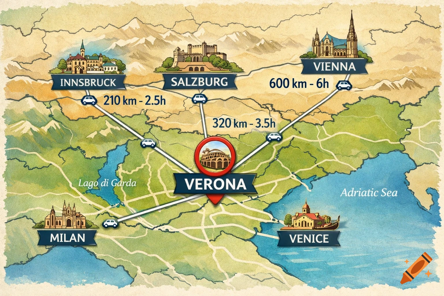 Stylized map centered on Verona, Italy, showing car travel routes and times to Innsbruck, Salzburg, Vienna, Milan, and Venice.