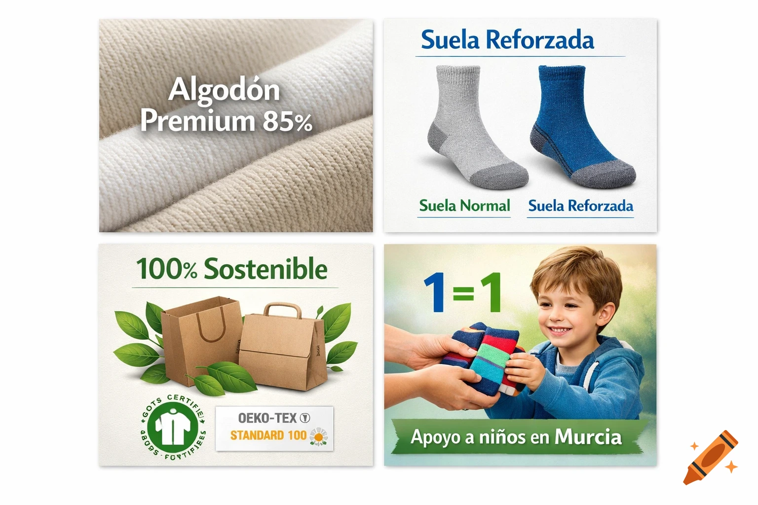 A four-panel infographic for a sock company, detailing premium cotton, reinforced soles, eco-friendly packaging, and a child receiving donated socks.