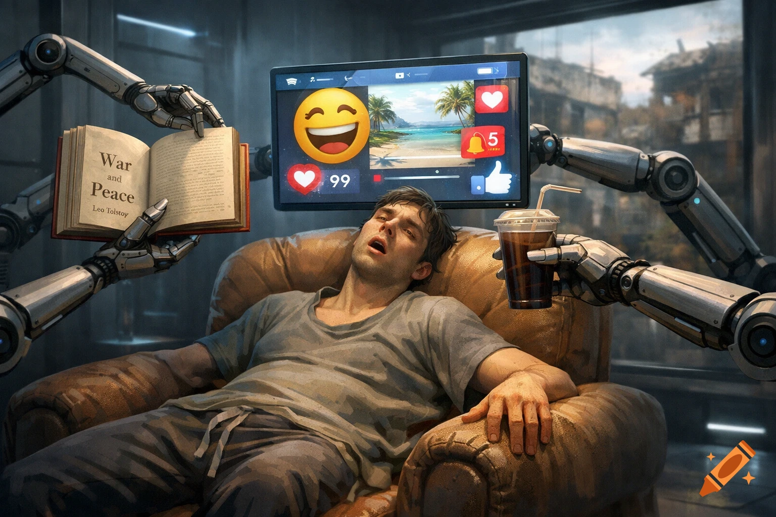 A man in a chair is passively attended by robot arms, one holding a social media screen with emojis and another a book titled "War and Peace," which he ignores. Digital painting style.