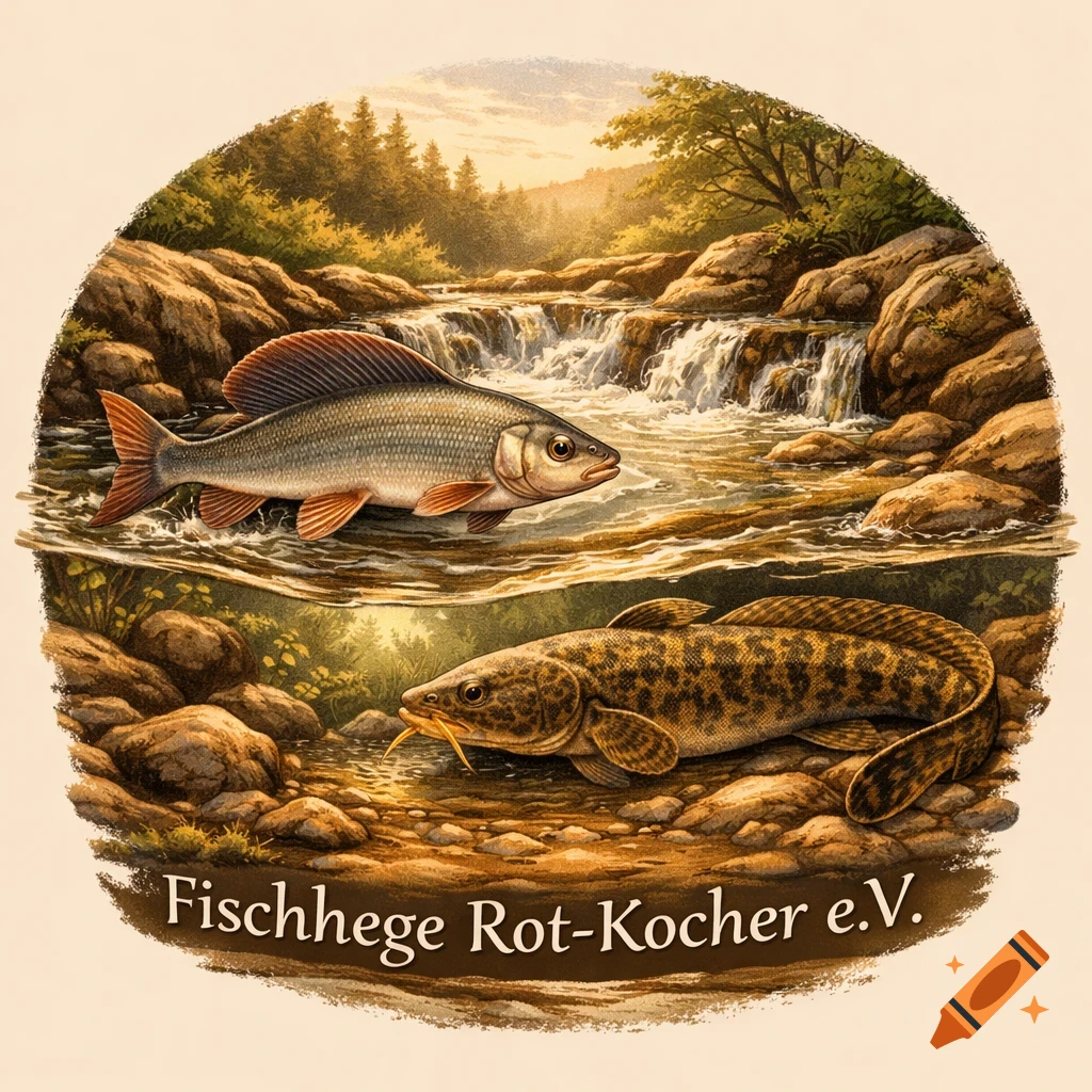 Illustration of a grayling and burbot in a river with a waterfall and forest, in a vintage style, with text 'Fischhege Rot-Kocher e.V.'