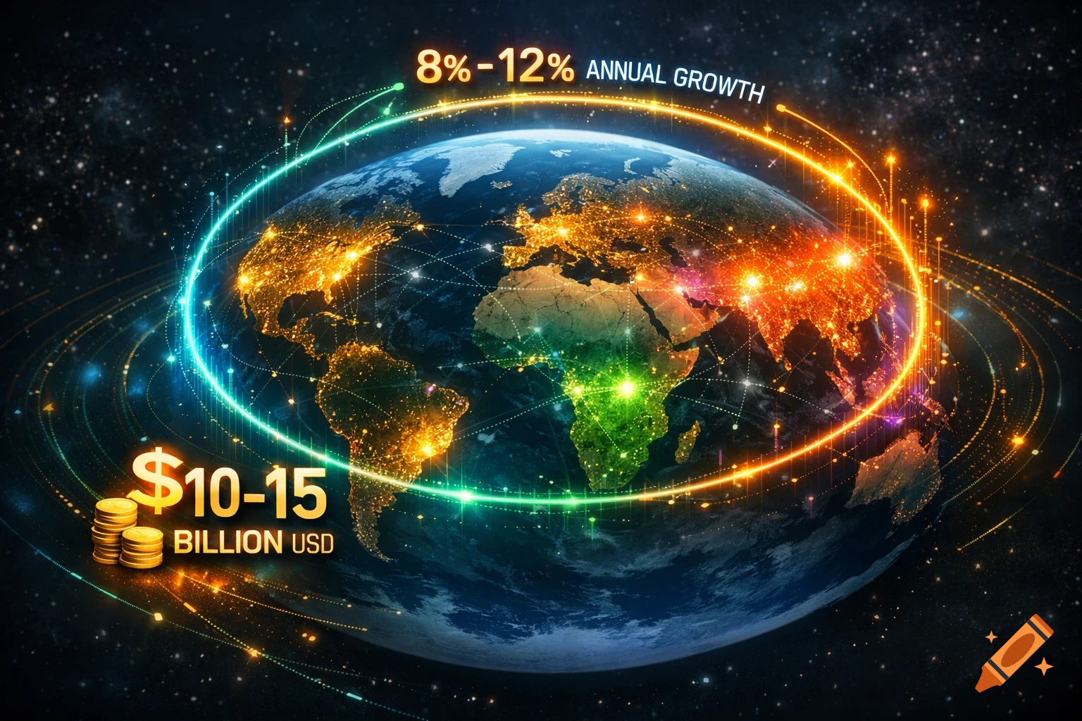 A glowing, futuristic world map depicting global economic data with network lines and text indicating annual growth and market size.