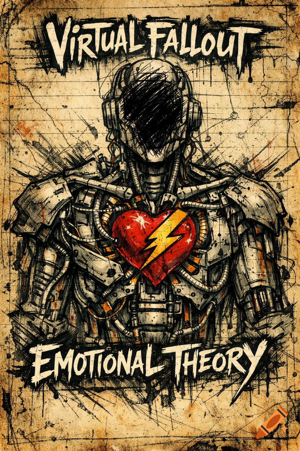 Grunge-style robot illustration, blacked-out face, exposed mechanics, heart with a lightning bolt, vintage paper. Text: Virtual Fallout, Emotional Theory.