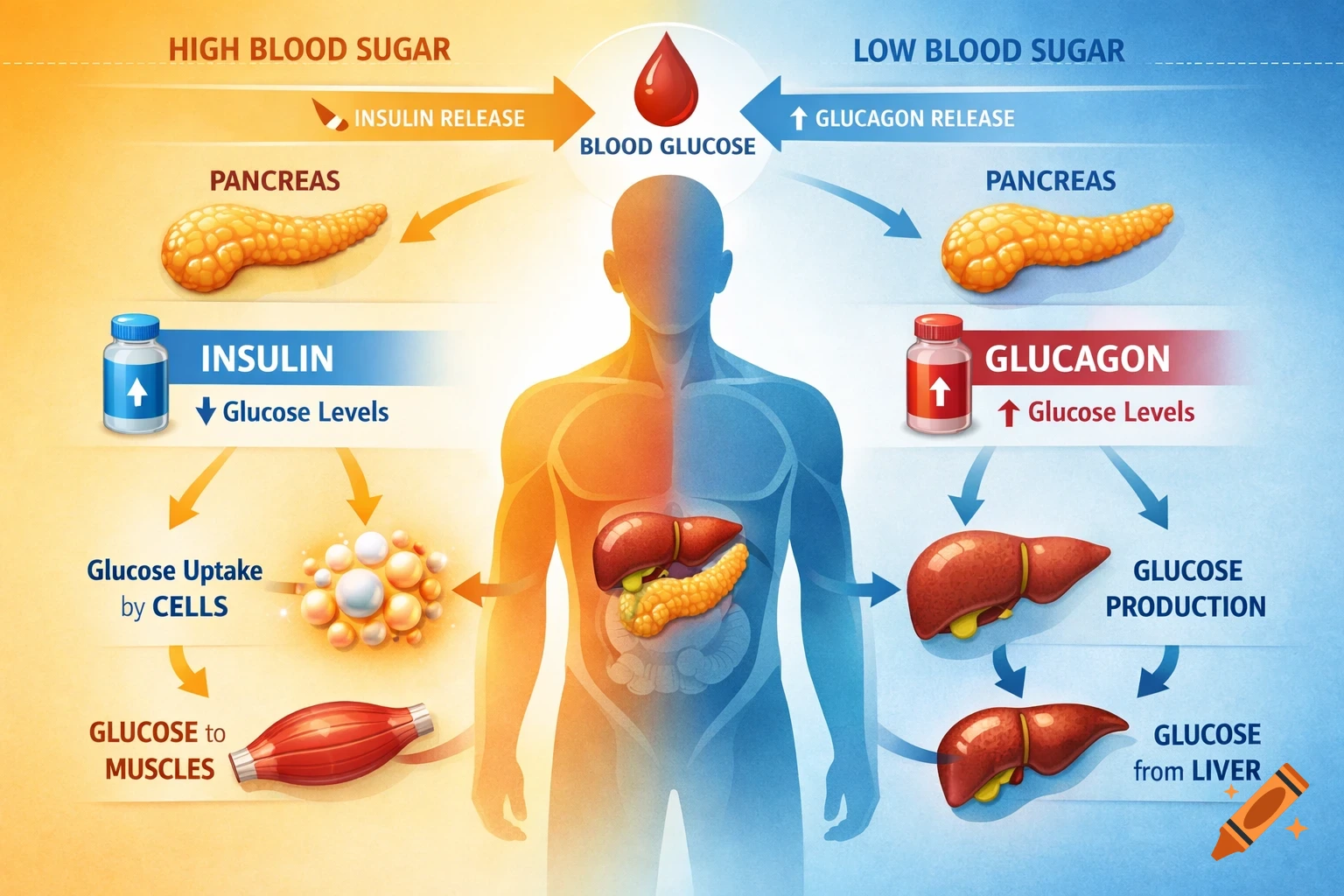 An infographic illustrating the regulation of blood glucose in the human body, showing the roles of insulin and glucagon from the pancreas affecting the liver, cells, and muscles.