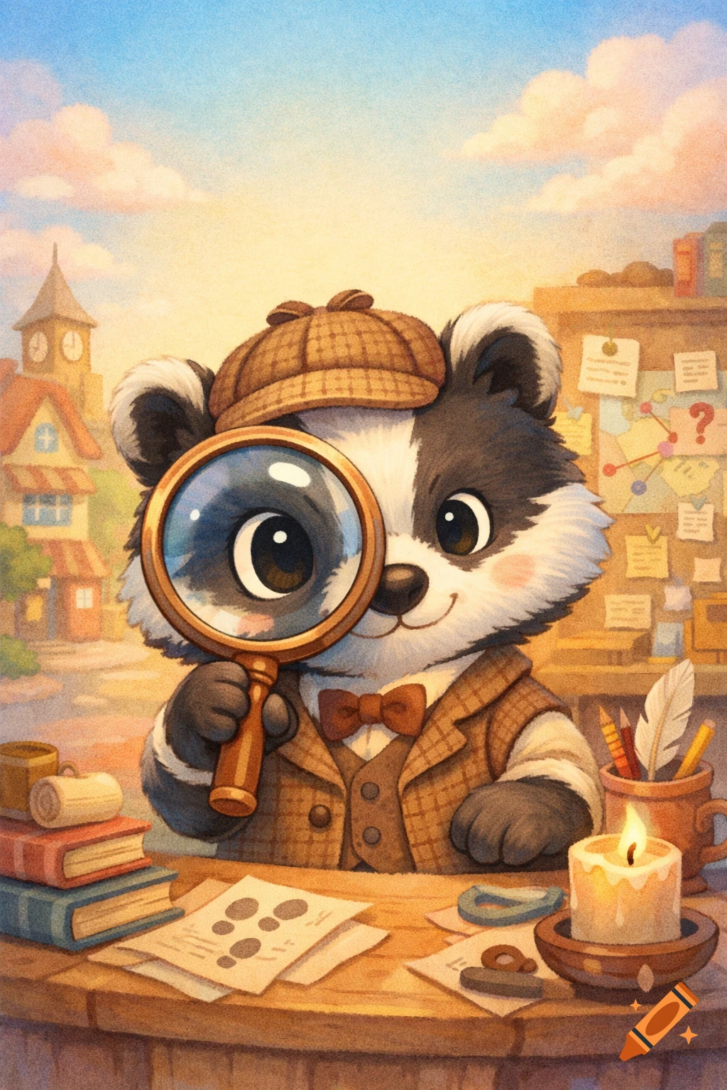 A cute badger detective in a hat and coat holds a magnifying glass over one eye, sitting at a wooden desk with books and a candle, in a pastel children's book illustration.