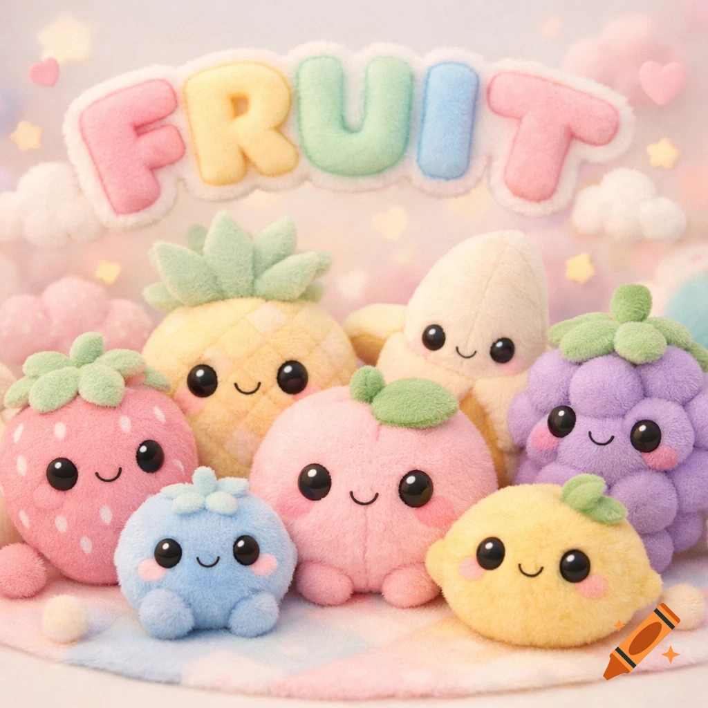 Close-up of cute, pastel-colored fruit plushies, including strawberry, pineapple, banana, grape, peach, blueberry, and lemon. The word 'FRUIT' is above them.