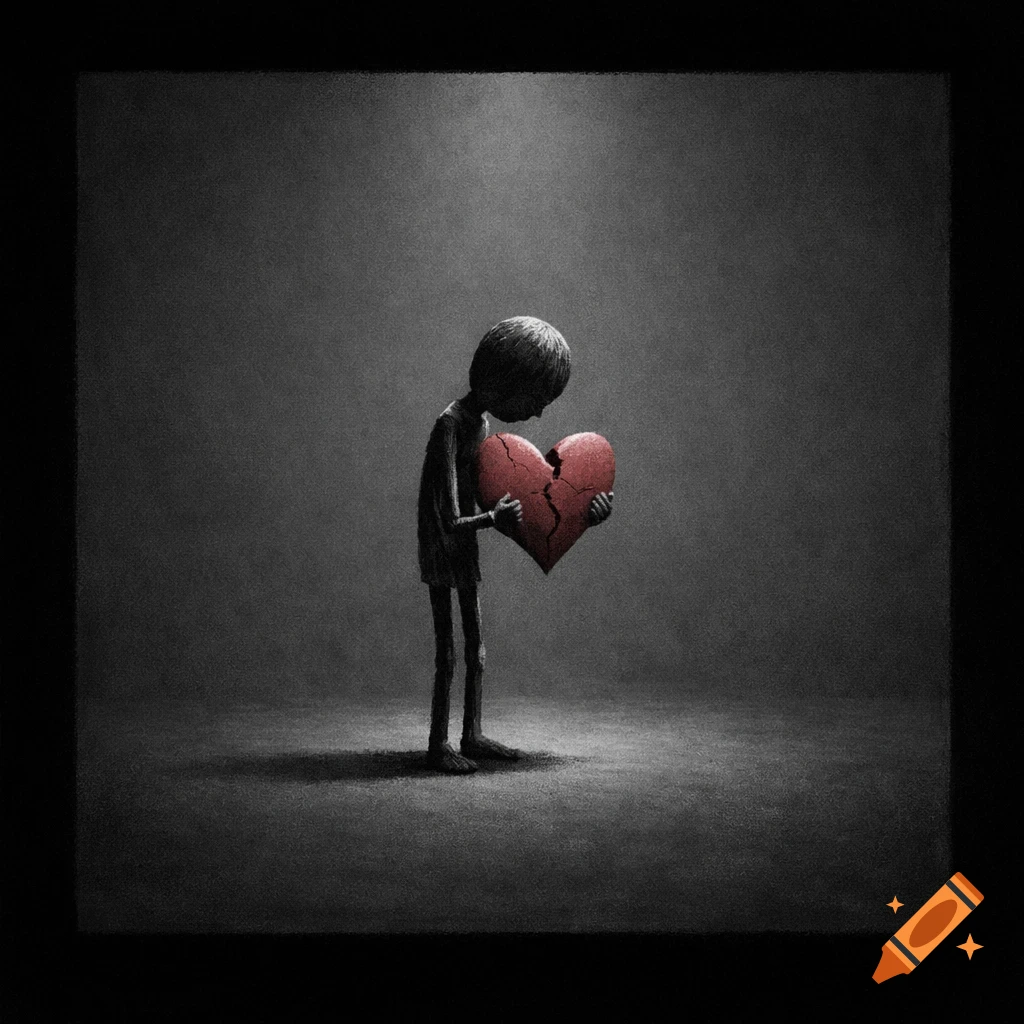 A stylized, gaunt figure stands alone in a dark room, sadly holding a glowing red broken heart.