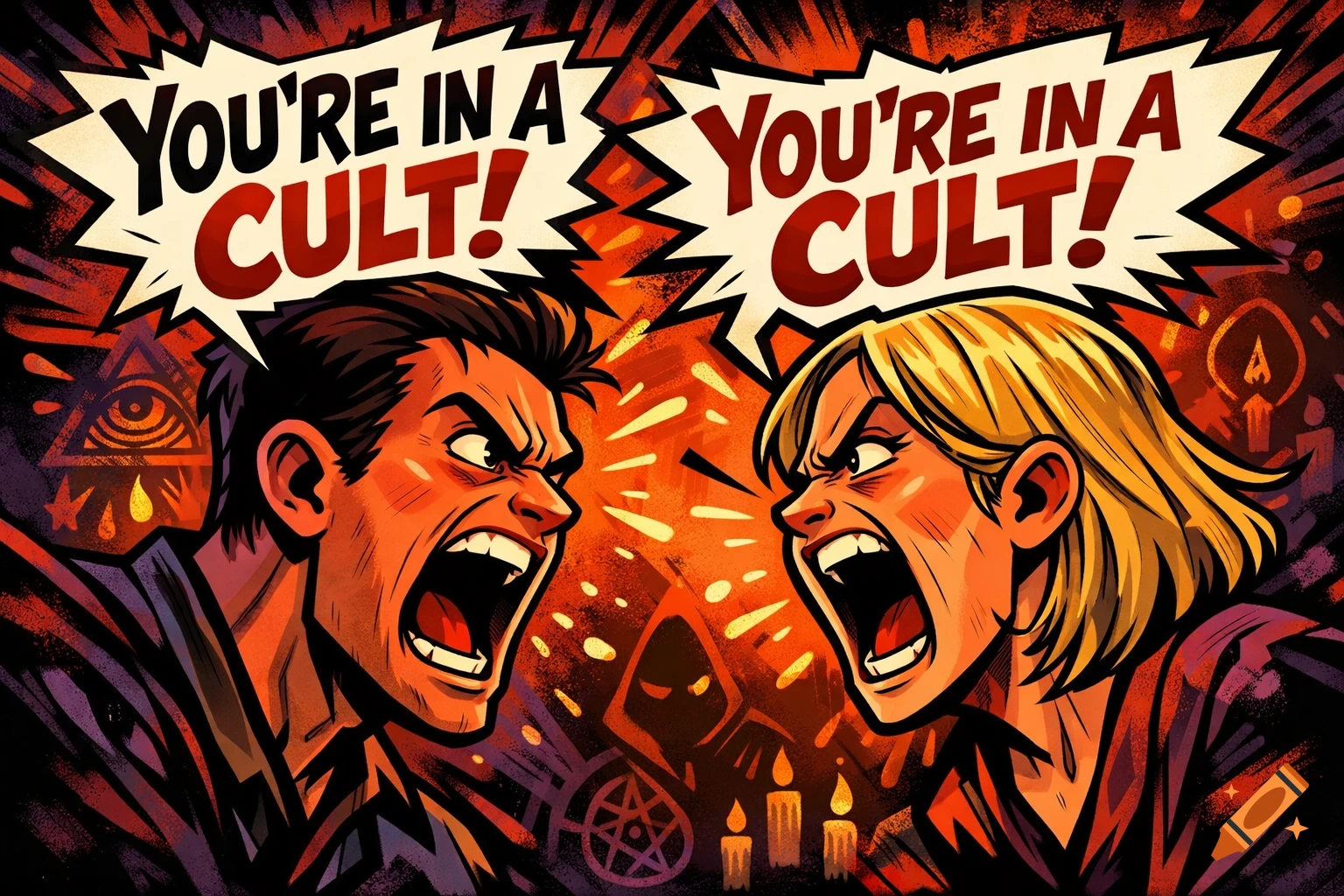 Cartoon of a man and a woman yelling 'You're in a cult!' at each other, with cult symbols in the background.