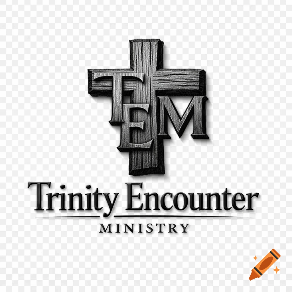 A 3D black logo features a wooden cross with 'T E M' embossed, above the text 'Trinity Encounter' and 'MINISTRY' on a transparent background.