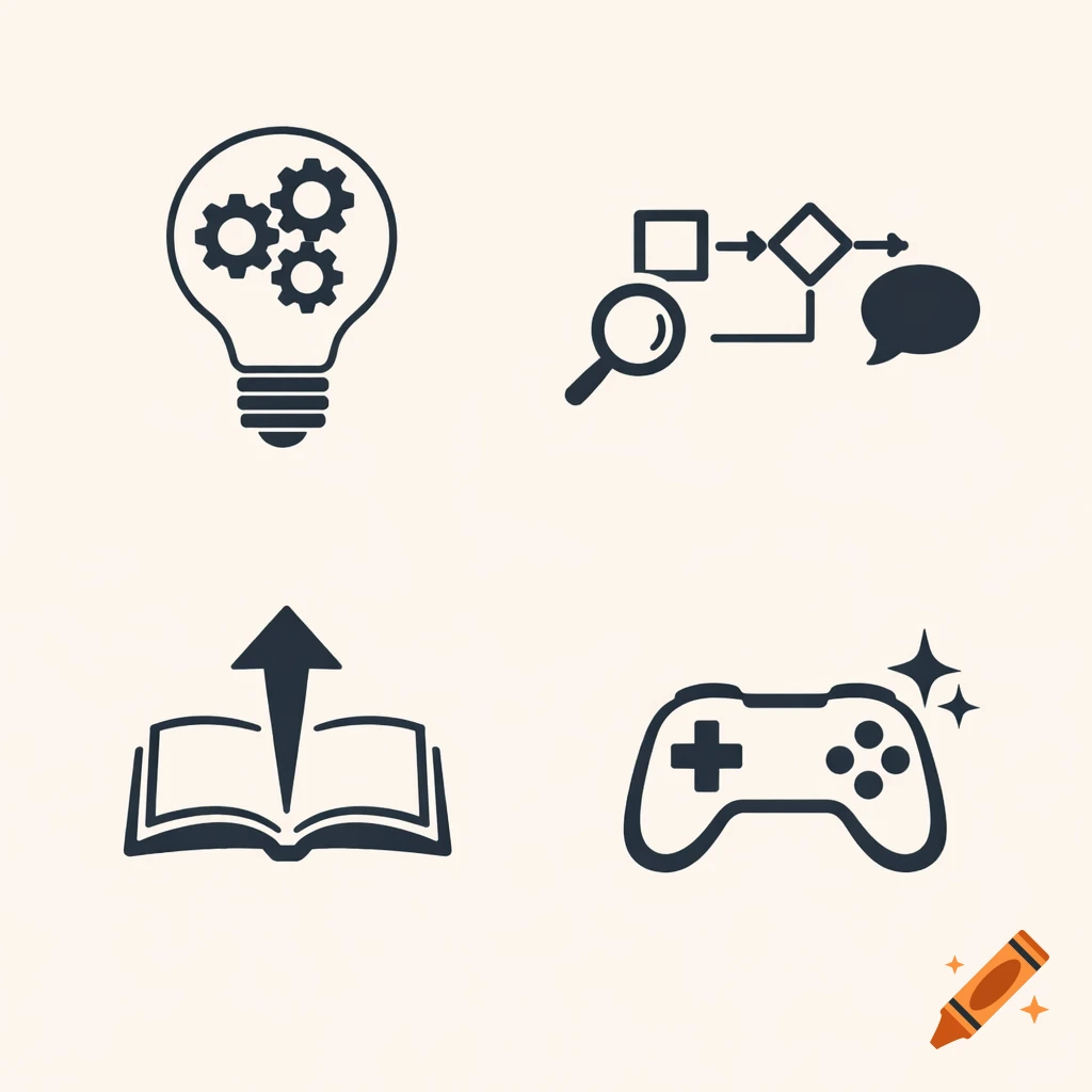 Four icons: a lightbulb with gears, a flowchart with a magnifying glass and speech bubble, an open book with an arrow, and a game controller with sparkles.