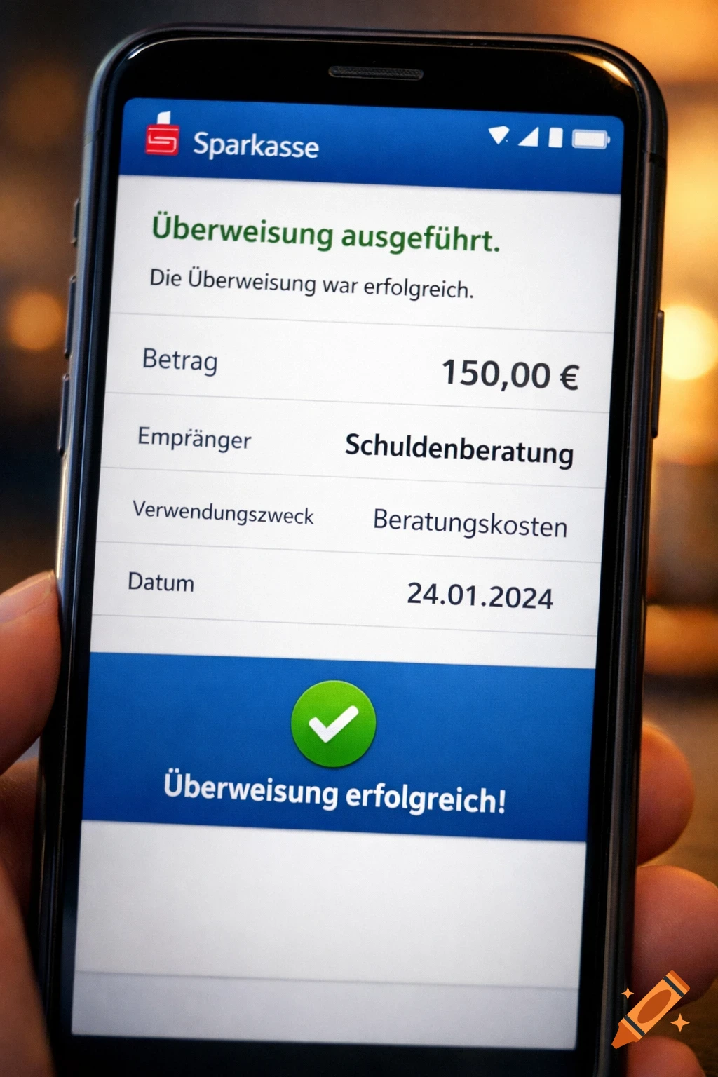 A close-up photo of a smartphone displaying a successful online bank transfer for 150€ to debt counseling in the Sparkasse app.