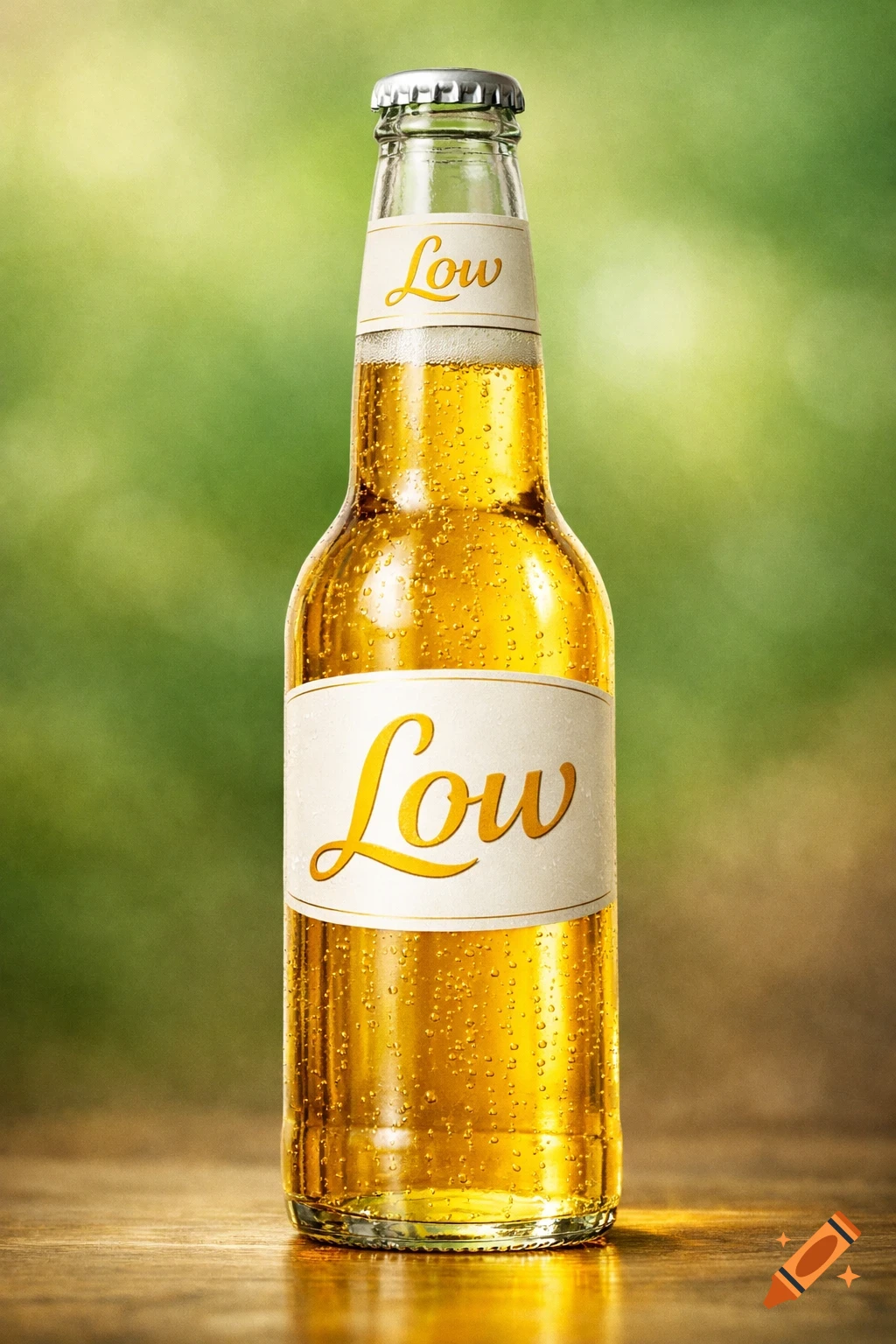 Photorealistic image of a clear beer bottle labeled "Low" with golden liquid and condensation on a wooden table, blurred green background.