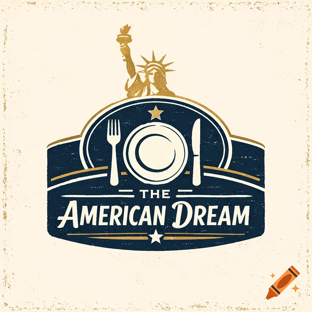 Retro-style logo for "The American Dream" restaurant, featuring the Statue of Liberty above a plate, fork, and knife, all on a distressed background.