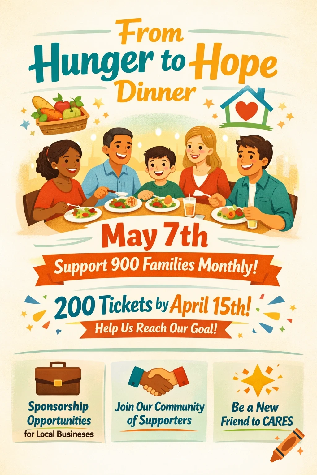 Cartoon flyer for 'From Hunger to Hope Dinner' with a diverse family eating, event details, and calls to action for support.