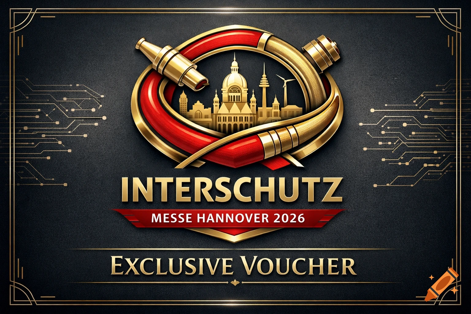 Gold and red Interschutz Messe Hannover 2026 event voucher with a logo featuring intertwined hoses and a cityscape.