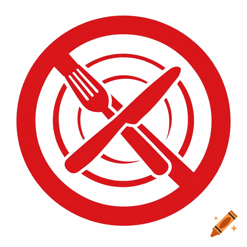 A red prohibition sign over a white plate with a crossed fork and knife, indicating 'do not eat'.