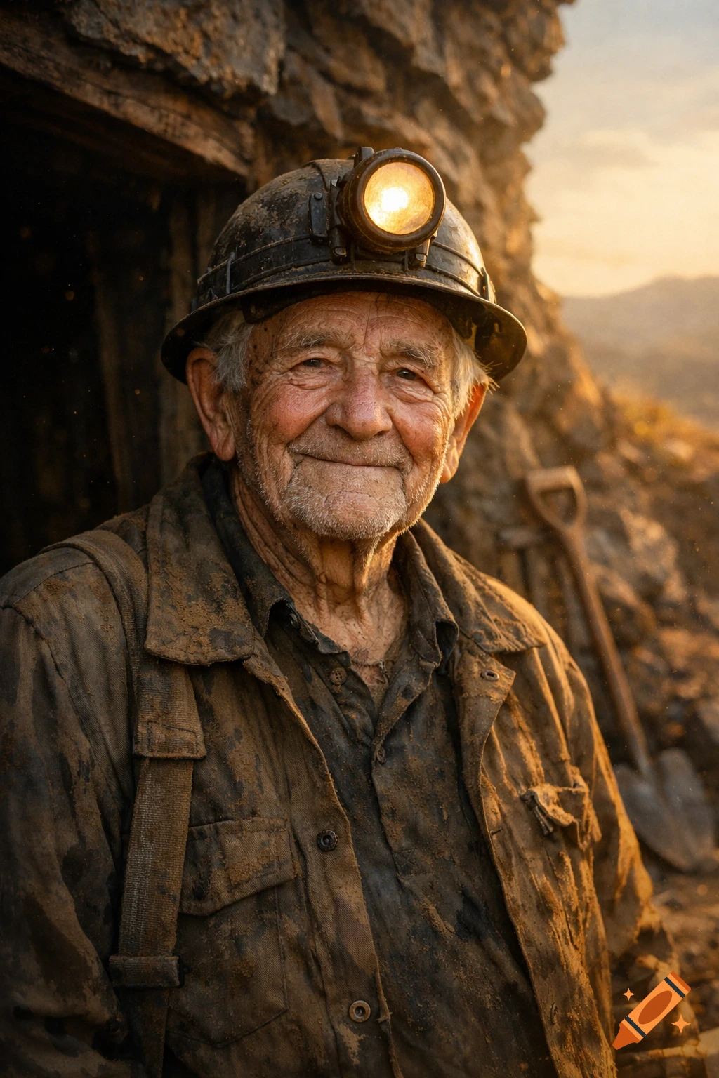 A photorealistic portrait of an old smiling miner covered in dirt, wearing a hard hat with a headlamp, against a mine entrance.