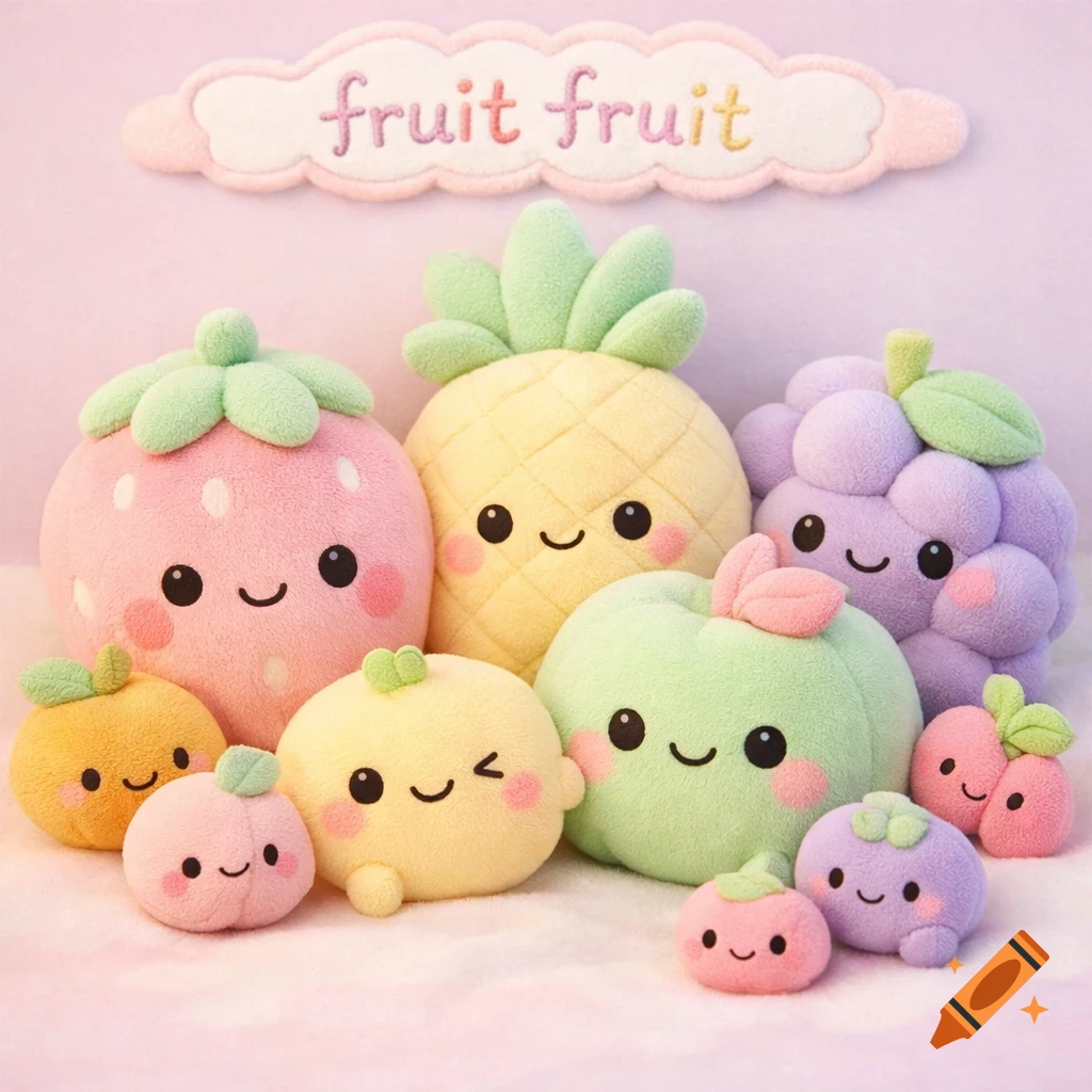 A group of pastel kawaii fruit plushies, including a strawberry, pineapple, and grape, with 'fruit fruit' on a cloud sign above them.