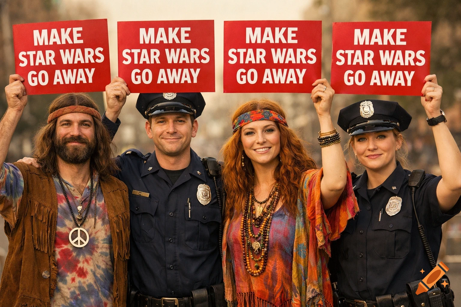 Two hippies and two police officers smiling and holding red signs that read "MAKE STAR WARS GO AWAY" in a photorealistic style.