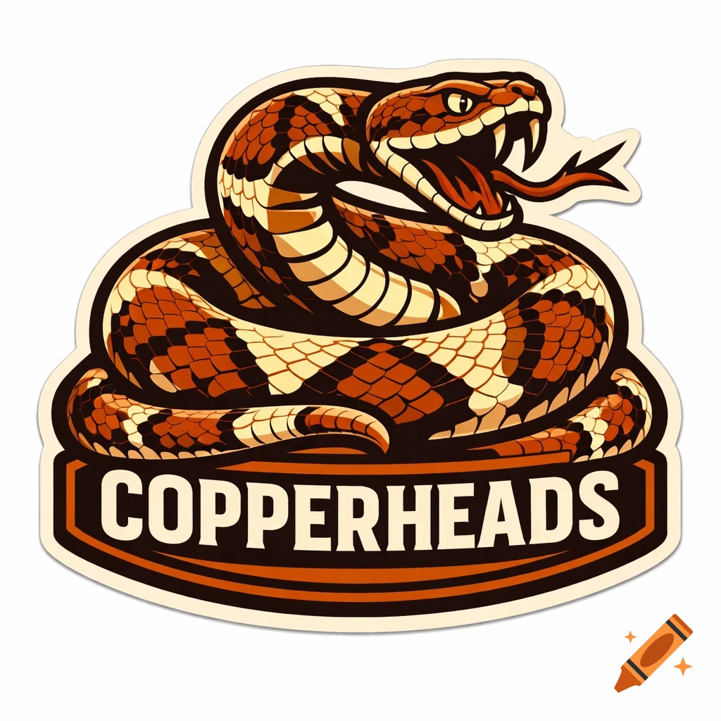 Retro style vector team sticker logo of a coiled copperhead snake with open mouth and the text 'COPPERHEADS' underneath.