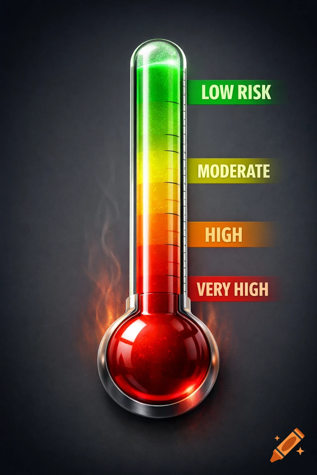 A glowing risk thermometer with red, yellow, and green sections indicating very high, high, moderate, and low risk levels, against a dark background with flames.