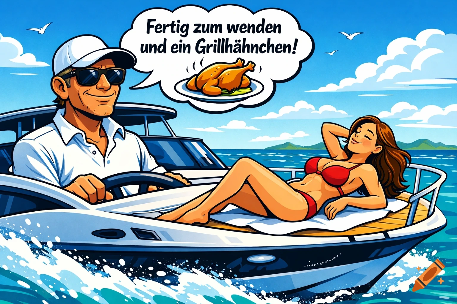 Cartoon man driving a yacht, woman in red bikini sunbathing on the bow, with a speech bubble about grilled chicken.