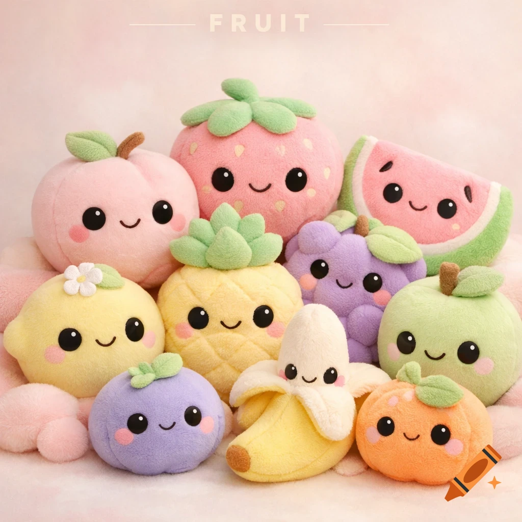 Assortment of cute pastel fruit plushies including strawberry, peach, pineapple, and watermelon, on a pink background with "FRUIT" text.
