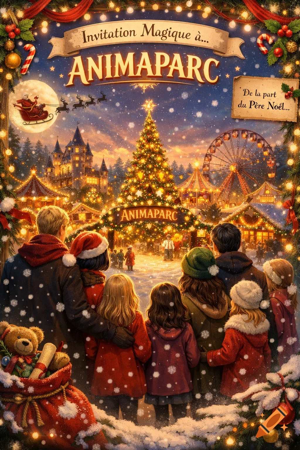 A festive Christmas invitation to Animaparc, showing families at a snowy winter amusement park with Santa's sleigh flying above.