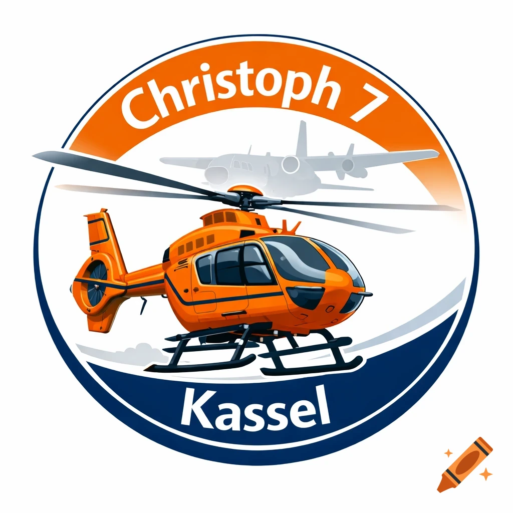 A round logo with an orange rescue helicopter in the foreground, text "Christoph 7" above and "Kassel" below, with a faint airplane silhouette in the background.