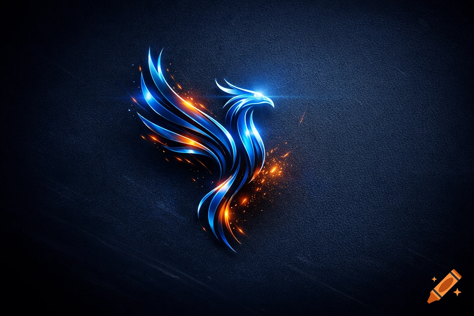 A sleek, glowing blue and orange phoenix logo on a dark, textured background.