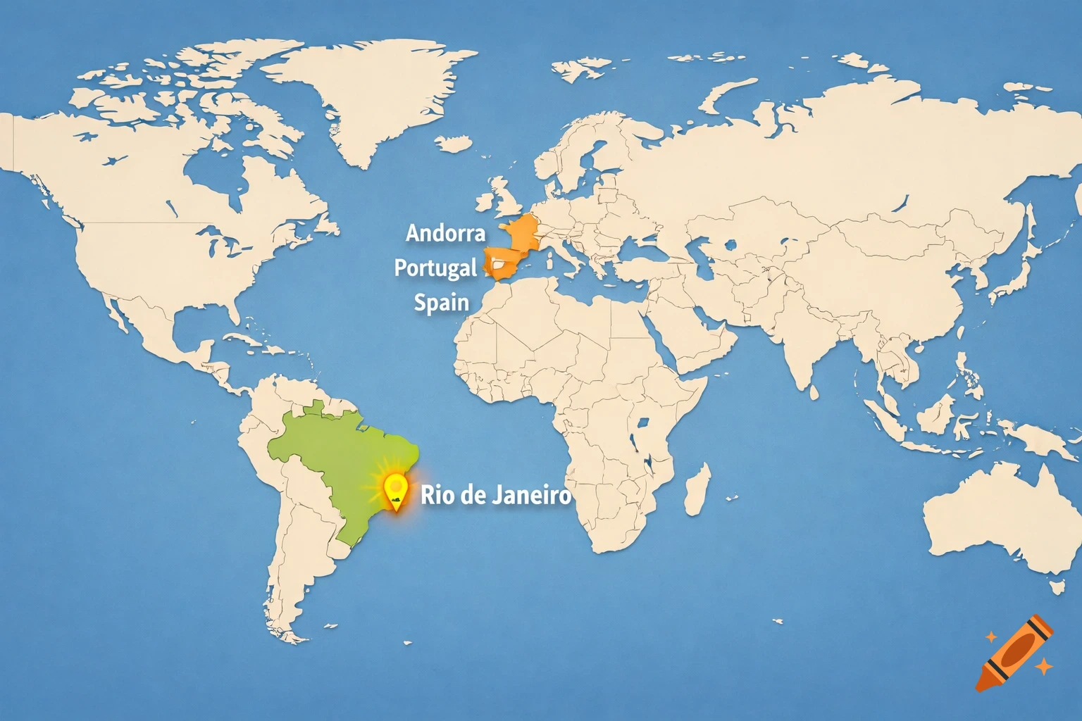 A world map highlighting Andorra, Portugal, Spain, and Brazil, with Rio de Janeiro marked and labeled.