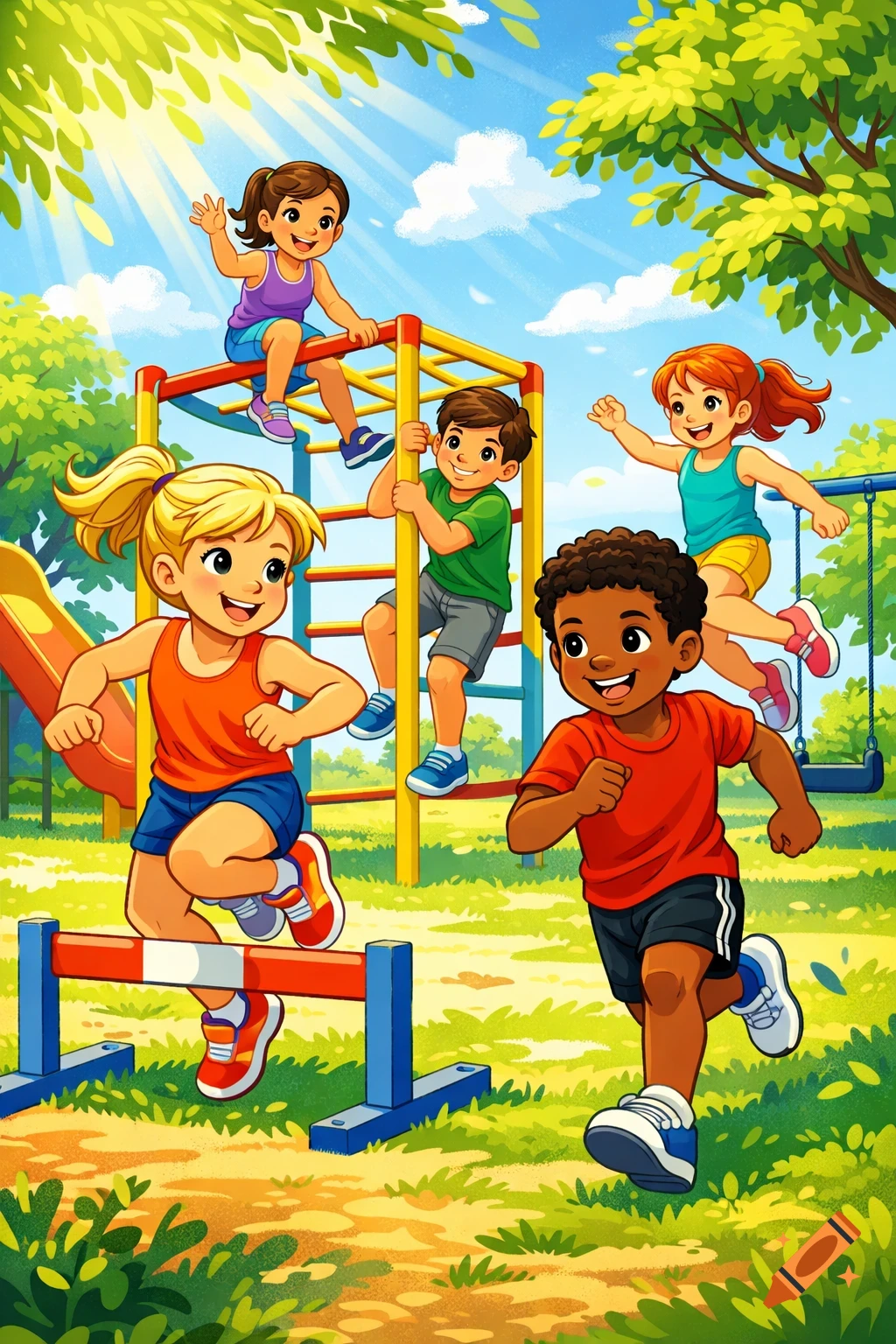 Vibrant cartoon illustration of diverse children playing actively in a sunny playground, with monkey bars and a slide.