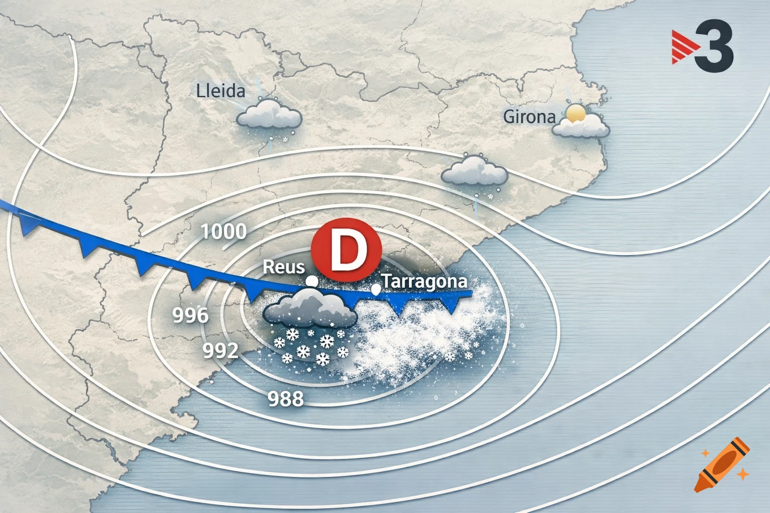 A detailed weather map of Catalonia showing a low-pressure system (D), a cold front, snow around Tarragona, and pressure lines.