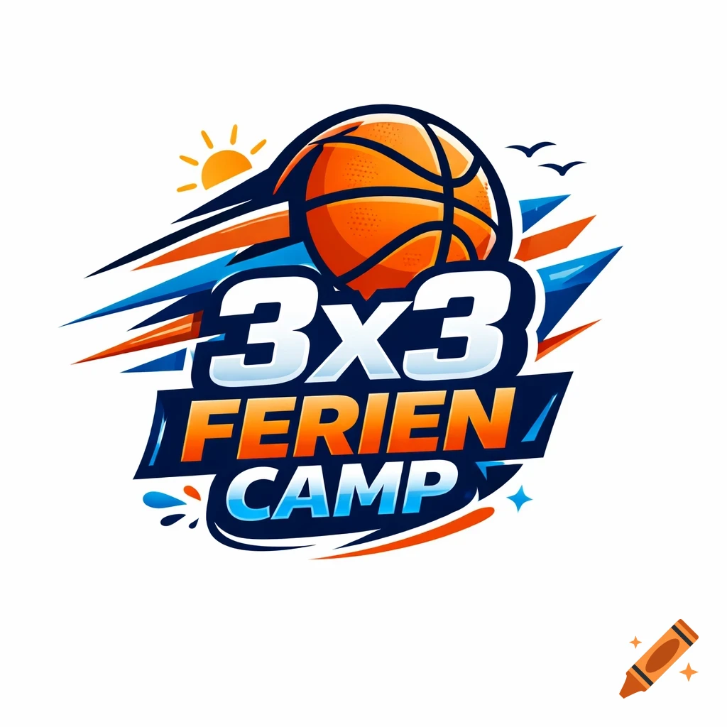 A vibrant logo for a 3x3 basketball camp, featuring a basketball, stylized lines, and text '3x3 Ferien Camp'.