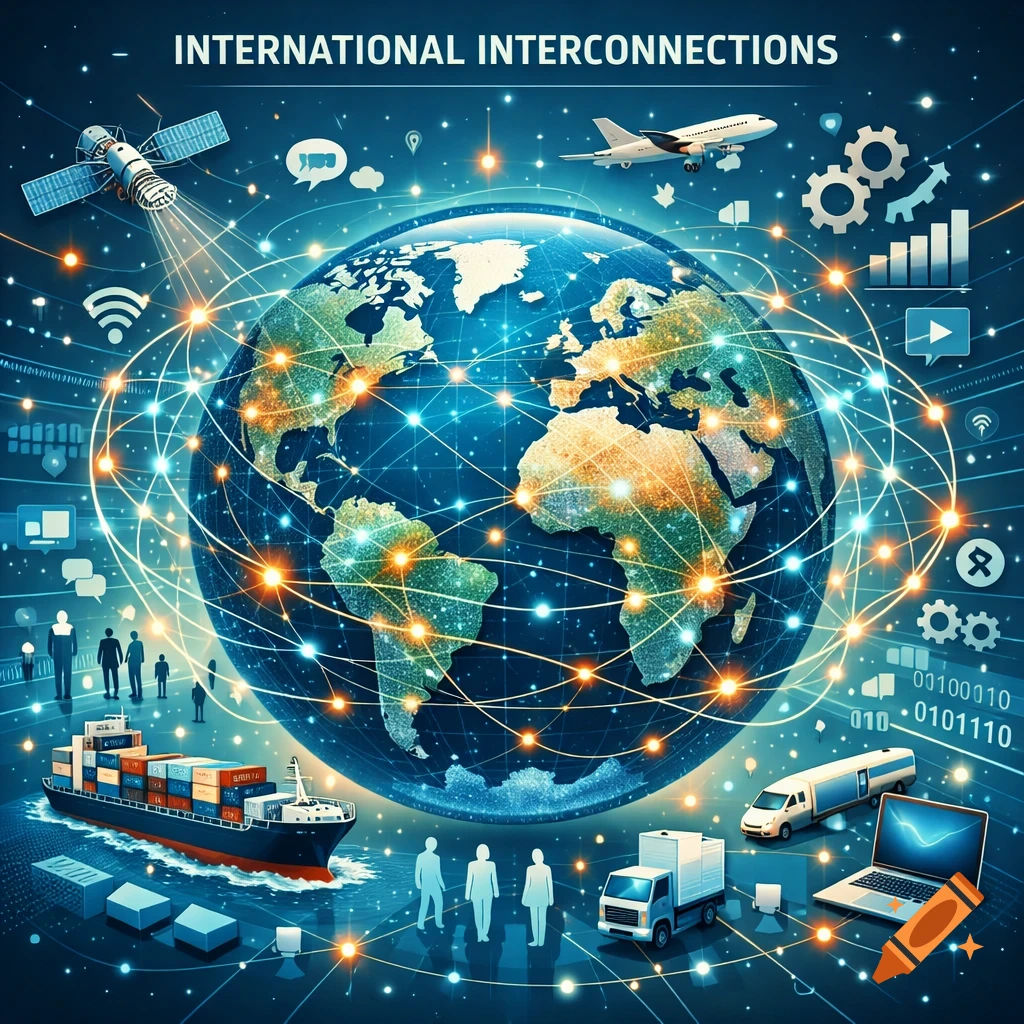 A stylized globe surrounded by glowing lines connecting continents, with icons representing satellites, planes, ships, people, and data streams, all under the title "INTERNATIONAL INTERCONNECTIONS".
